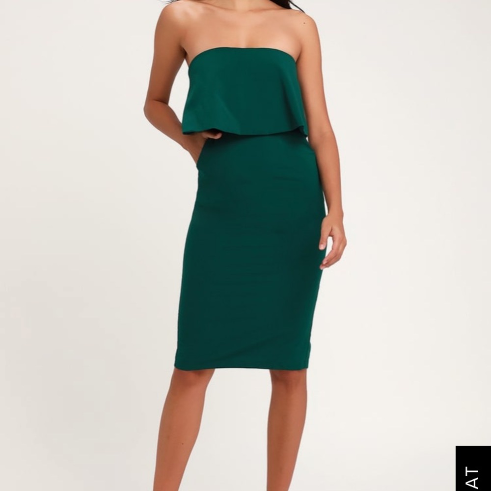 EMERALD GREEN STRAPLESS MIDI DRESS